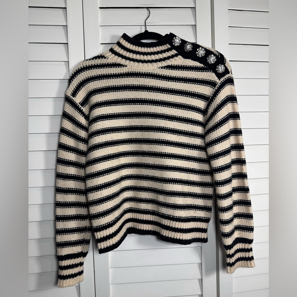 J. Crew Women’s Striped Black & Cream Mockneck Sweater Jewel Button Detail Small - Picture 3 of 13